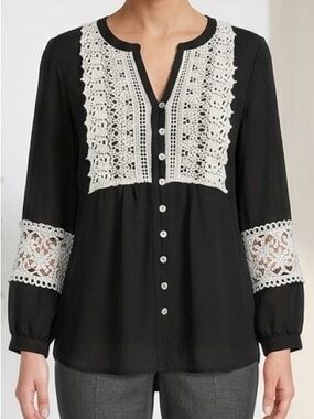 Love 21 Forever 21 Black Lace Boho Peasant Blouse Top Crochet Smock Chiffon Sz S